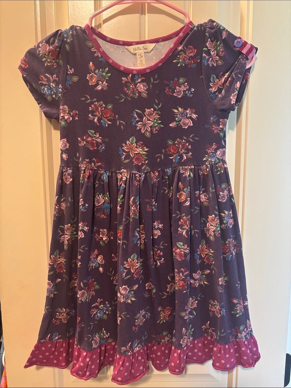 Matilda Jane Purple Floral Short Sleeve Dress with Pink Polka Ruffle